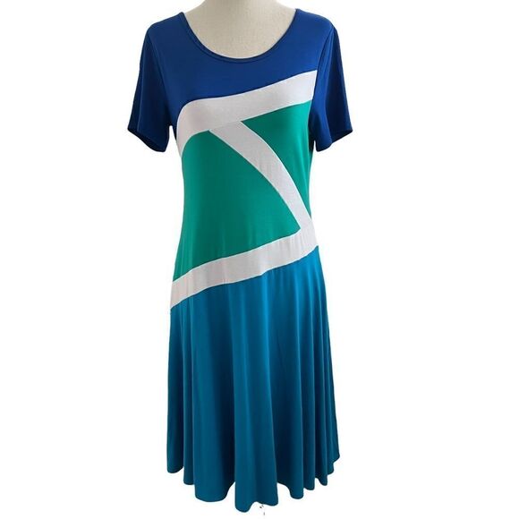 Lynn Ritchie Silver Graphic Color Block Short Sleeve Midi Dress Blue + Green S - Picture 1 of 9